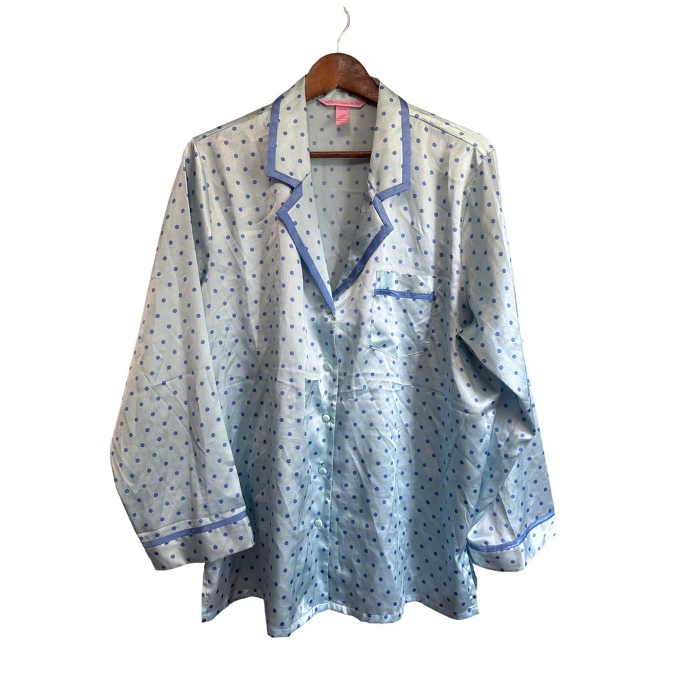 Victoria's‎ Secret Pajama Top Women Large Blue Polka Dot Satin Button Up